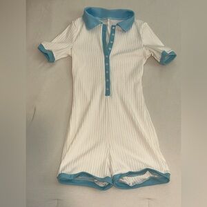 White and Blue Button-Up Romper